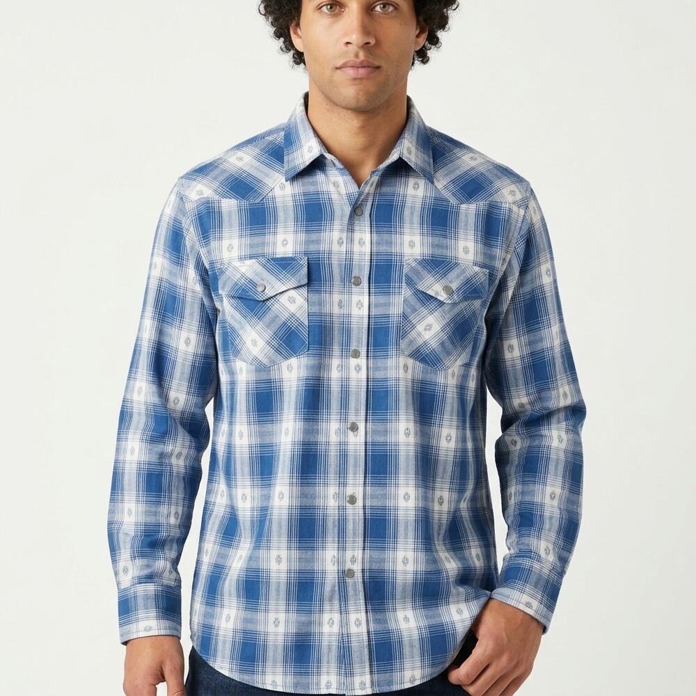 Red Head Ranch Western Blue Plaid Button-Up Shirt Men See Measurements